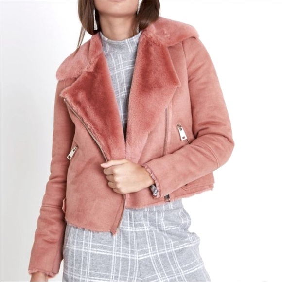 River island fur suede jacket moto zipper pink - Picture 4 of 14
